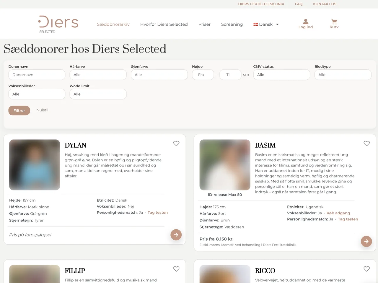 Arkivet med filtre for hårfarve, øjenfarve, højde og blodtype over donorkort med slørede fotos