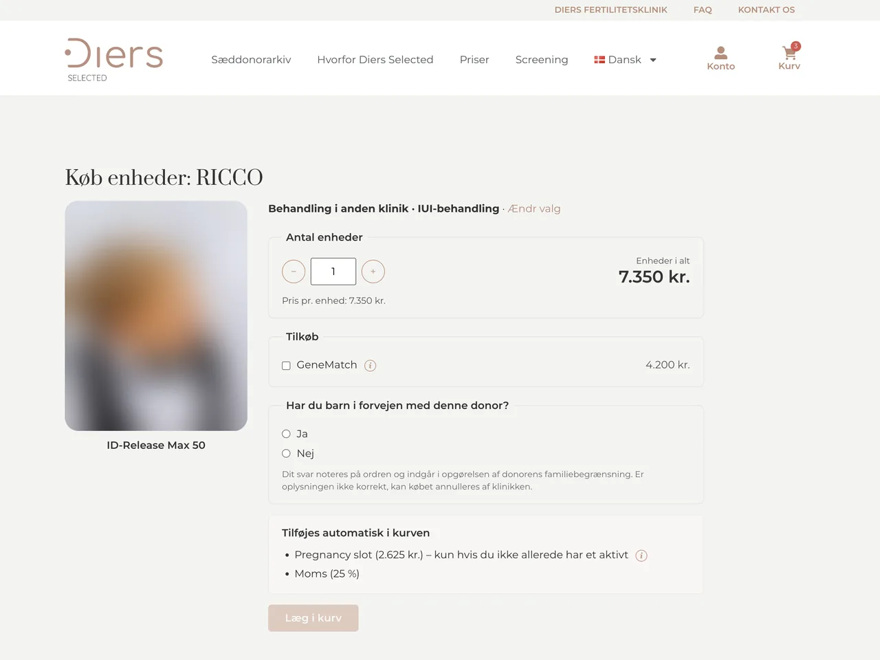 Købssiden for en donor med behandlingstype, antal enheder, pris, tilkøb og spørgsmål om familiebegrænsning