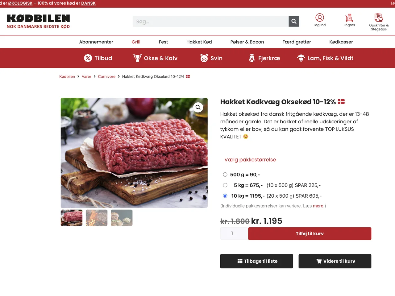 Produktsiden for hakket oksekød med valg af pakkestørrelse, mængderabat og knap til kurven