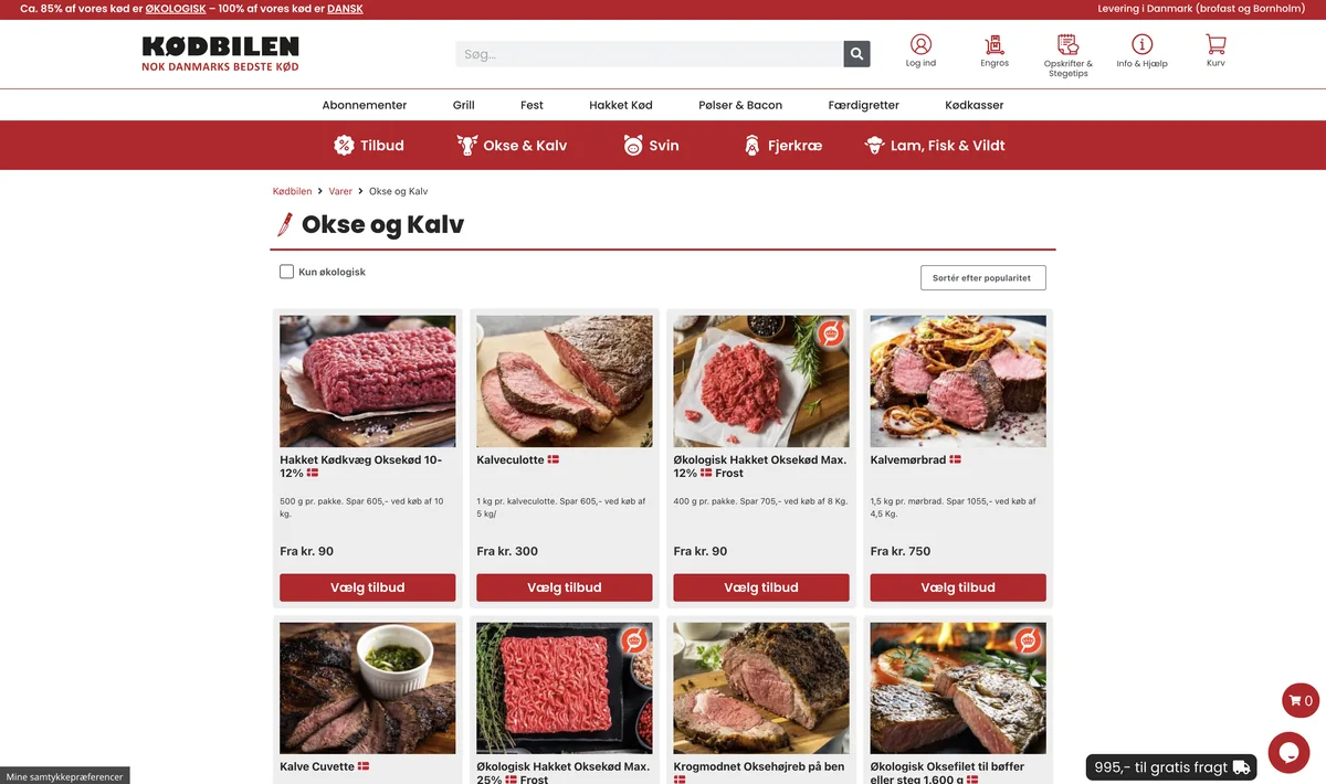 Kategorisiden for okse og kalv i Kødbilens webshop
