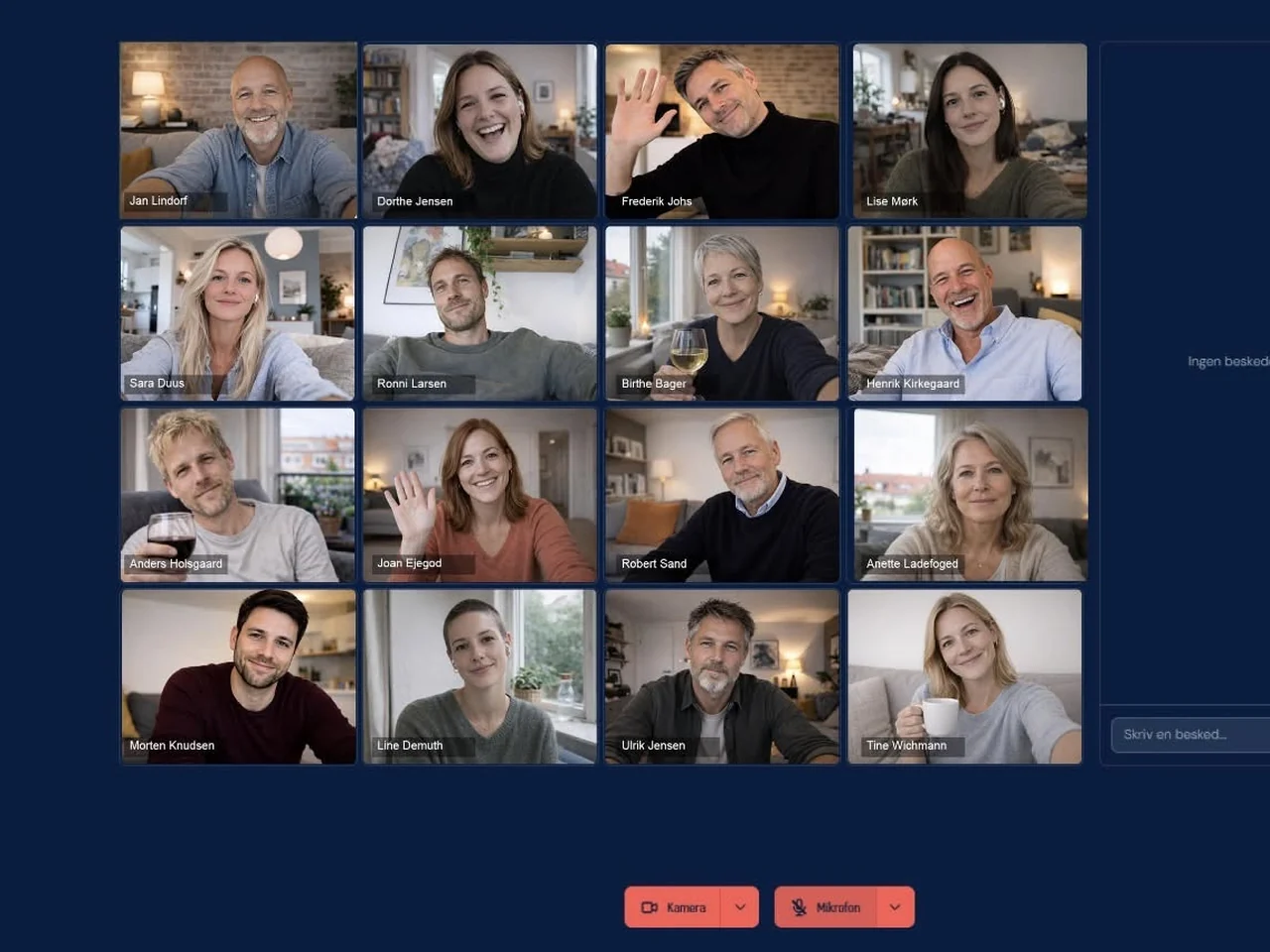 Loungen før eventet, hvor seksten deltagere ses på video i et gitter