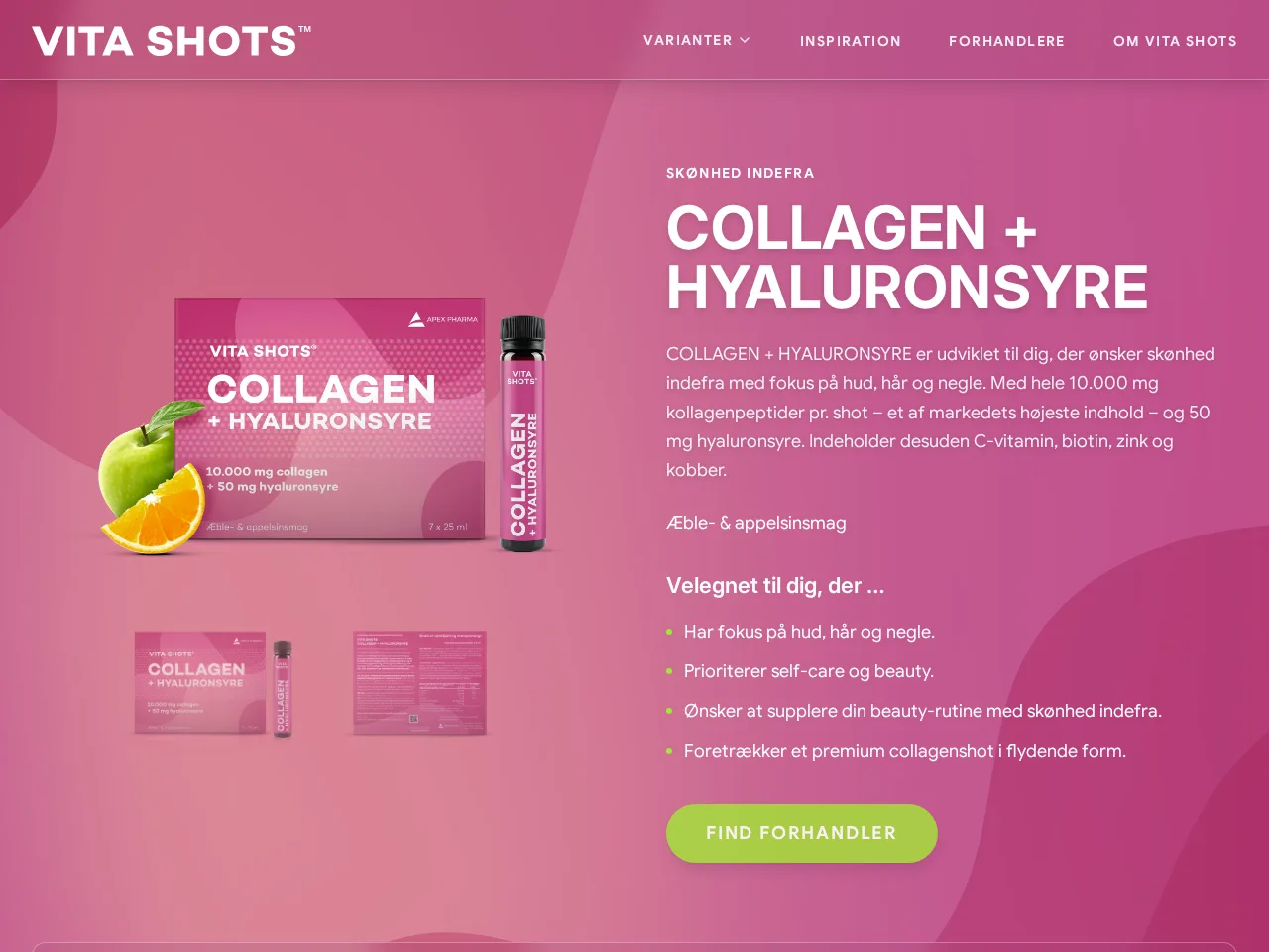 Produktsiden for Collagen + Hyaluronsyre i variantens pink farveunivers