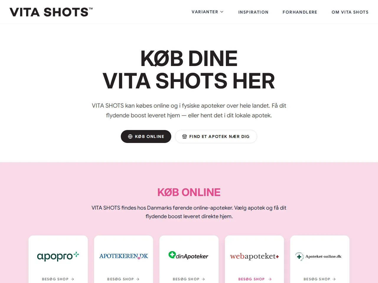 Forhandlersiden med knapper til at købe online eller finde et apotek